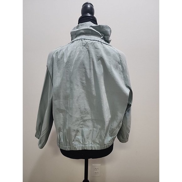 DKNY Womens Full Zip Jacket Size 10 3/4 Sleeve Green Ruffle Neck - Picture 4 of 6